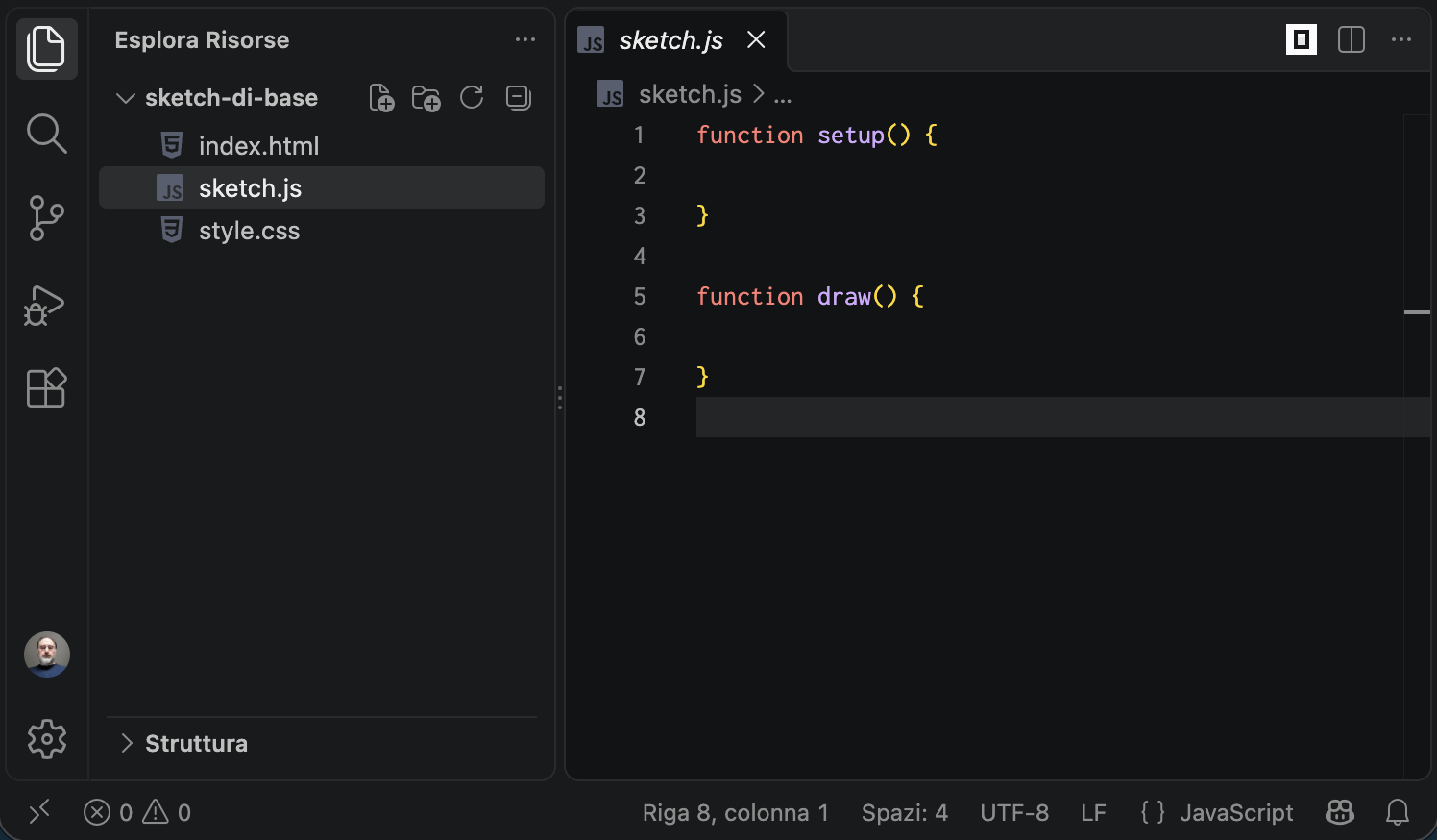 La cartella dello sketch di base aperta in Visual Studio Code