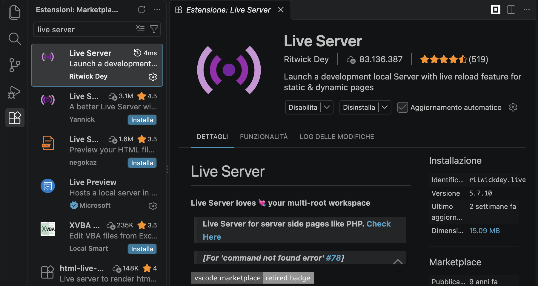 Il pannello Estensioni con la scheda di Live Server, di Ritwick Dey