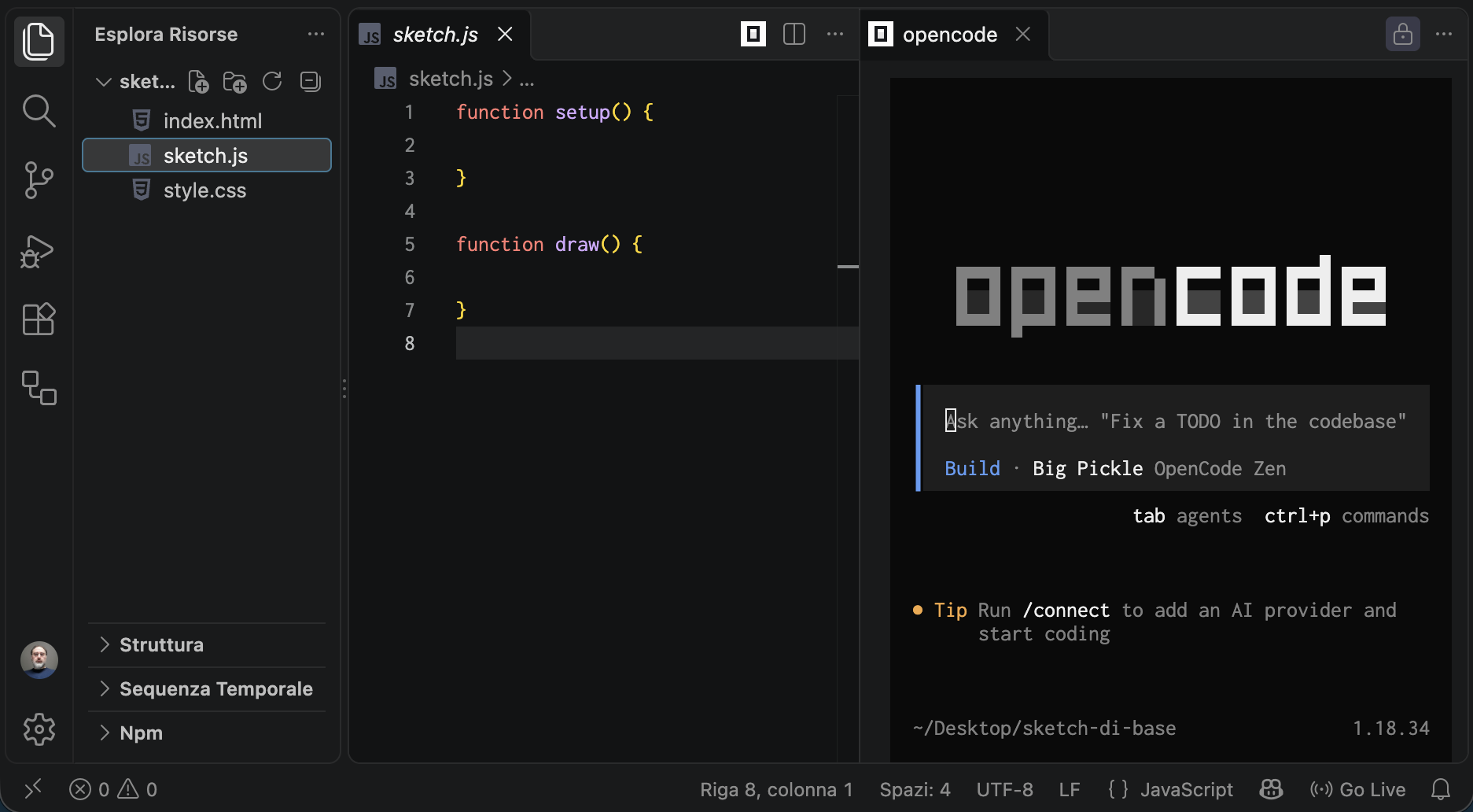 Visual Studio Code con la cartella dello sketch, sketch.js e la chat di OpenCode