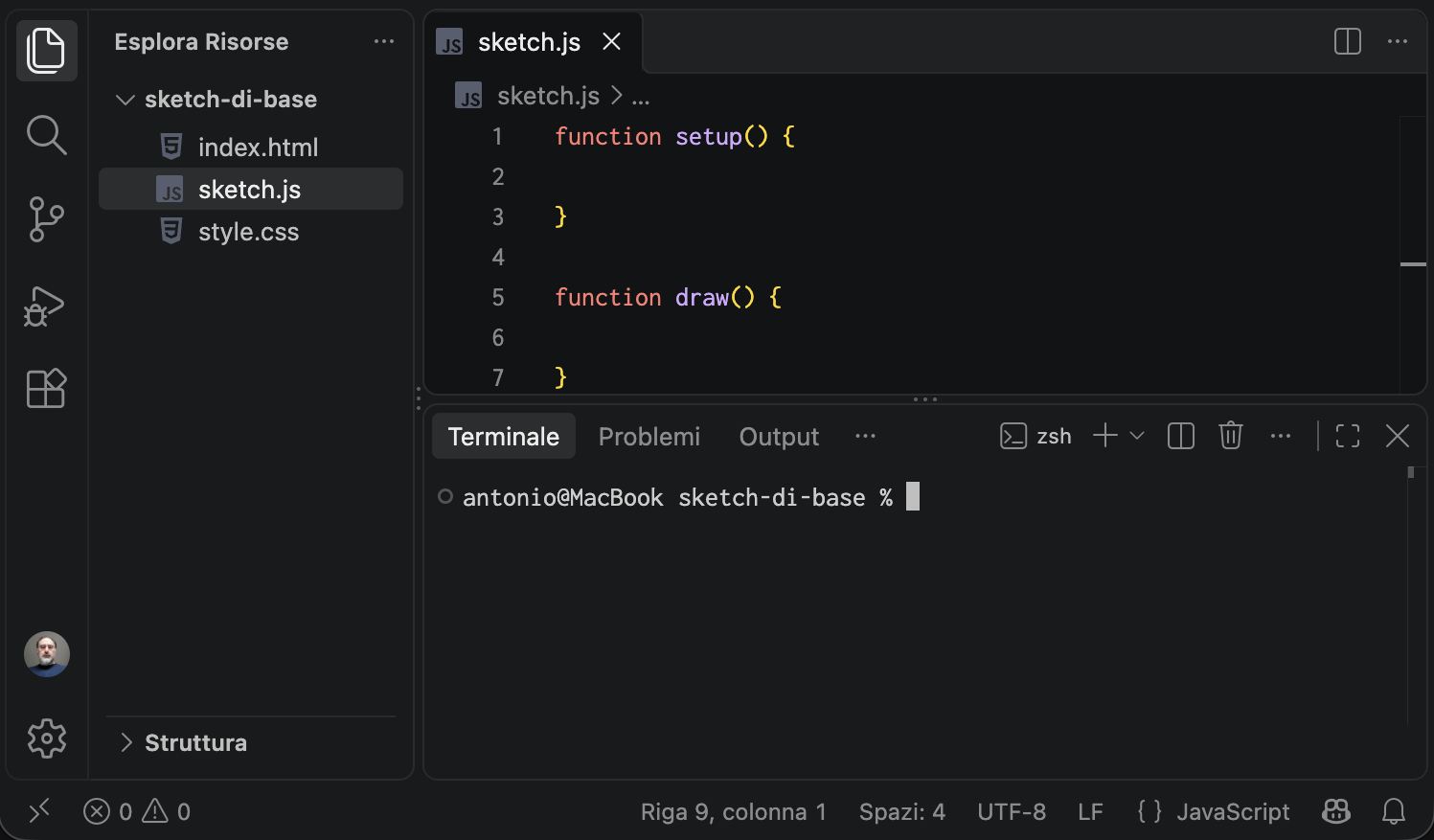 Visual Studio Code con il terminale aperto in basso