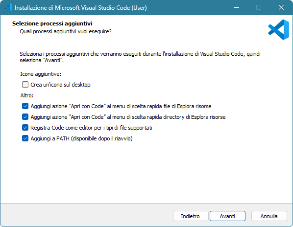 La schermata delle opzioni del programma di installazione di Visual Studio Code