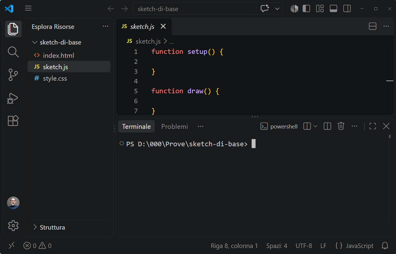 Visual Studio Code con il terminale PowerShell aperto in basso